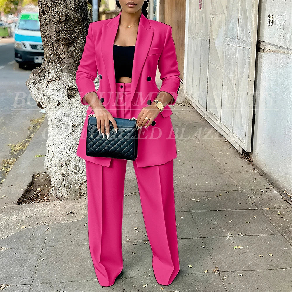 Elegant Women's Double Breasted Peak Lapel Blazer and Pleated Trouser Pants 2pc Suit