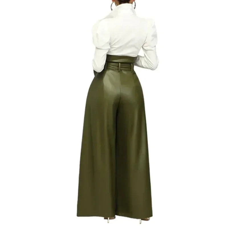 Women's High Waist Leather Wide Leg Pants