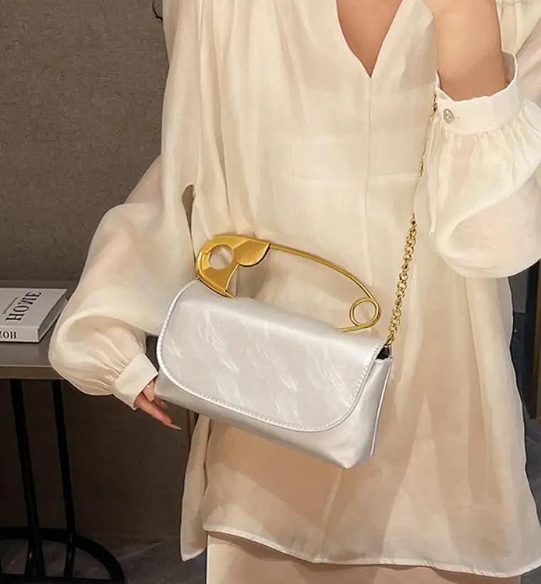 Chic Designer Handbag w/ Decorative Safety Pin Handle