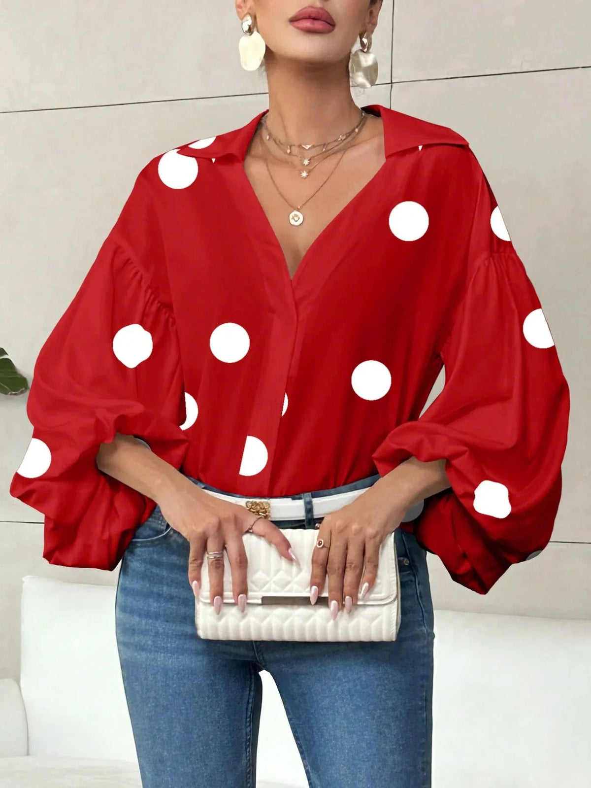 French Polka Dot Print Long Sleeve Casual V-Neck Oversized Blouse