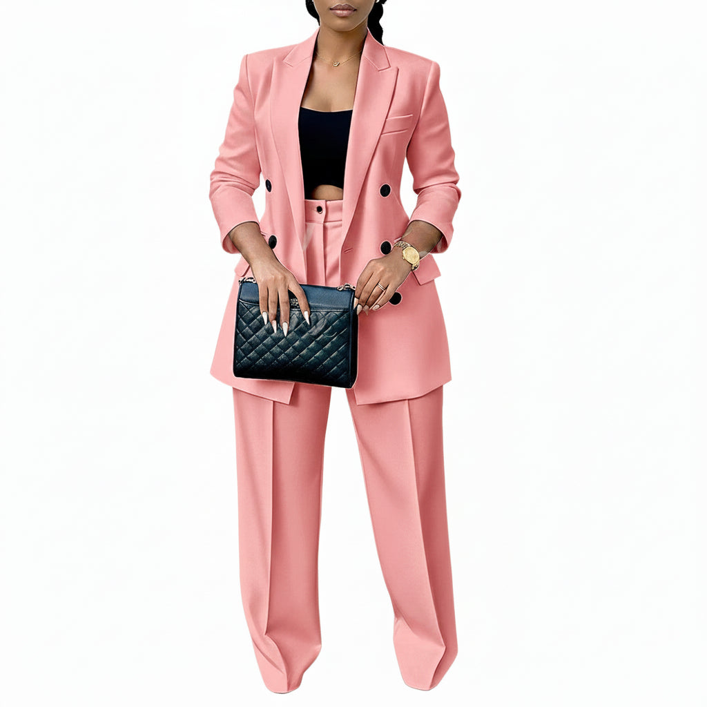 Elegant Women's Double Breasted Peak Lapel Blazer and Pleated Trouser Pants 2pc Suit