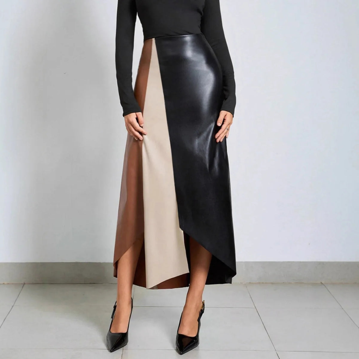 Women's Faux Leather Color Block High Waist Designer Long Skirt