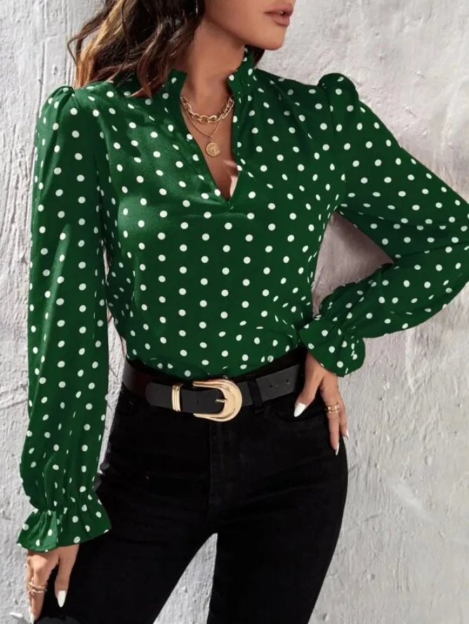 Women's Elegant Professional V-neck Polka Dot Long Sleeved Casual Chiffon Blouse