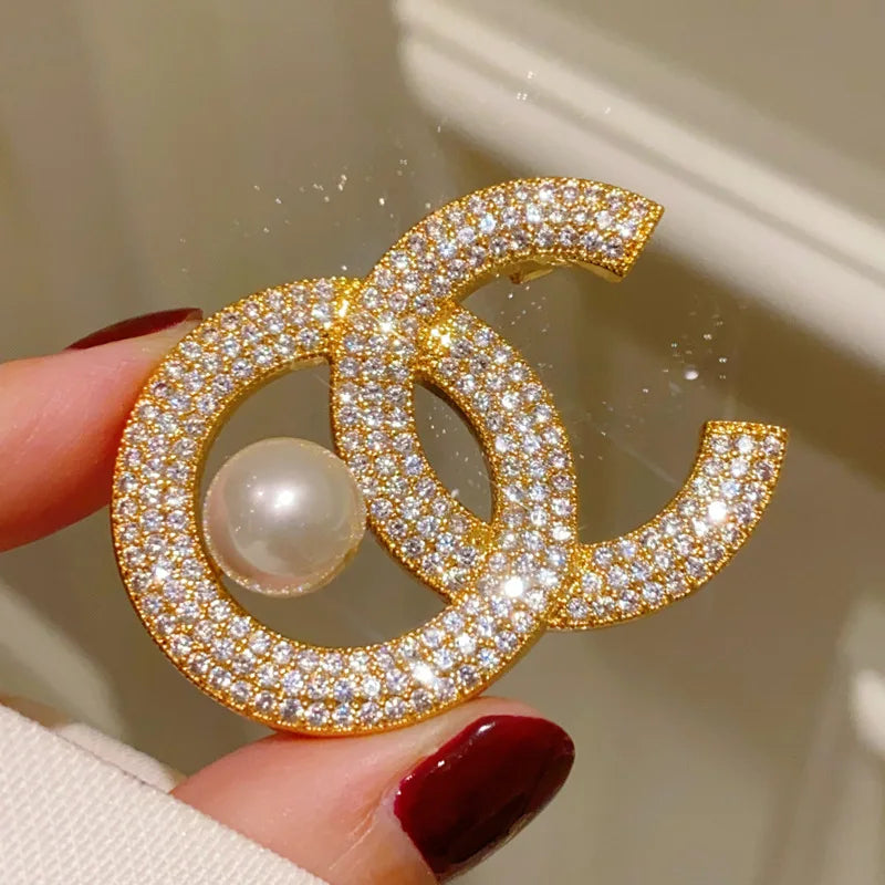 Rhinestone Letter C Pearl Brooch
