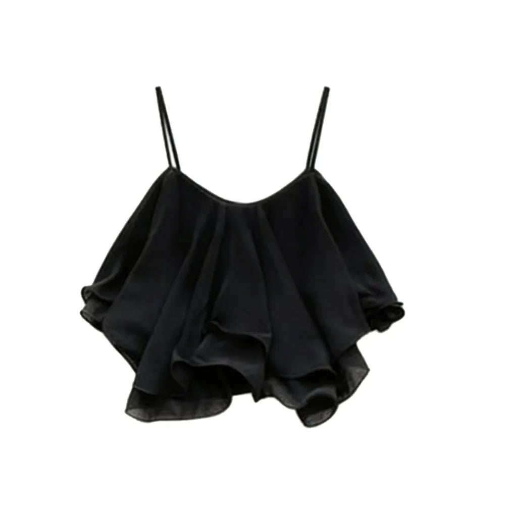 Ruffled Chiffon Spaghetti Strap Flowy Crop Top