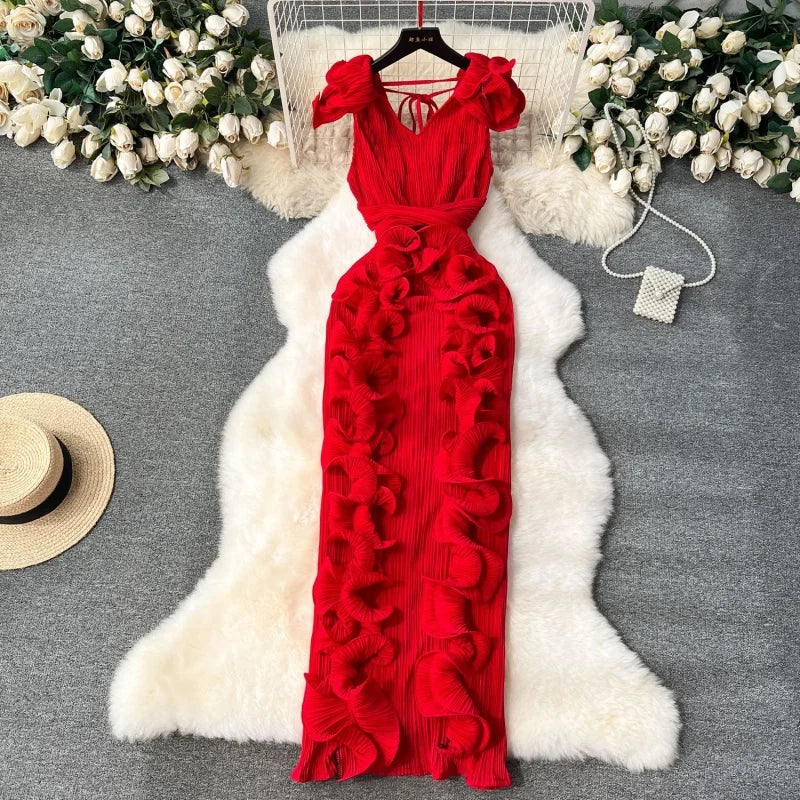 Ruffles Spliced Sleeveless V-Neck Bodycon Maxi Long Evening Dress