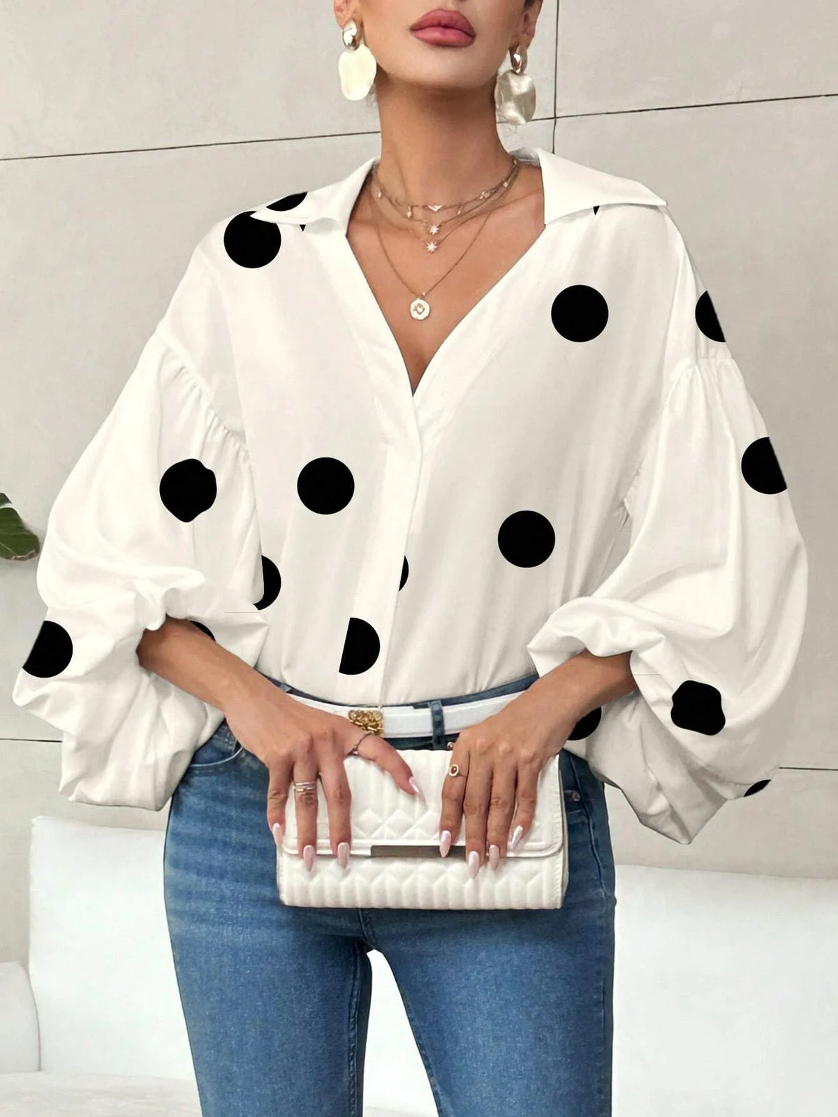 French Polka Dot Print Long Sleeve Casual V-Neck Oversized Blouse
