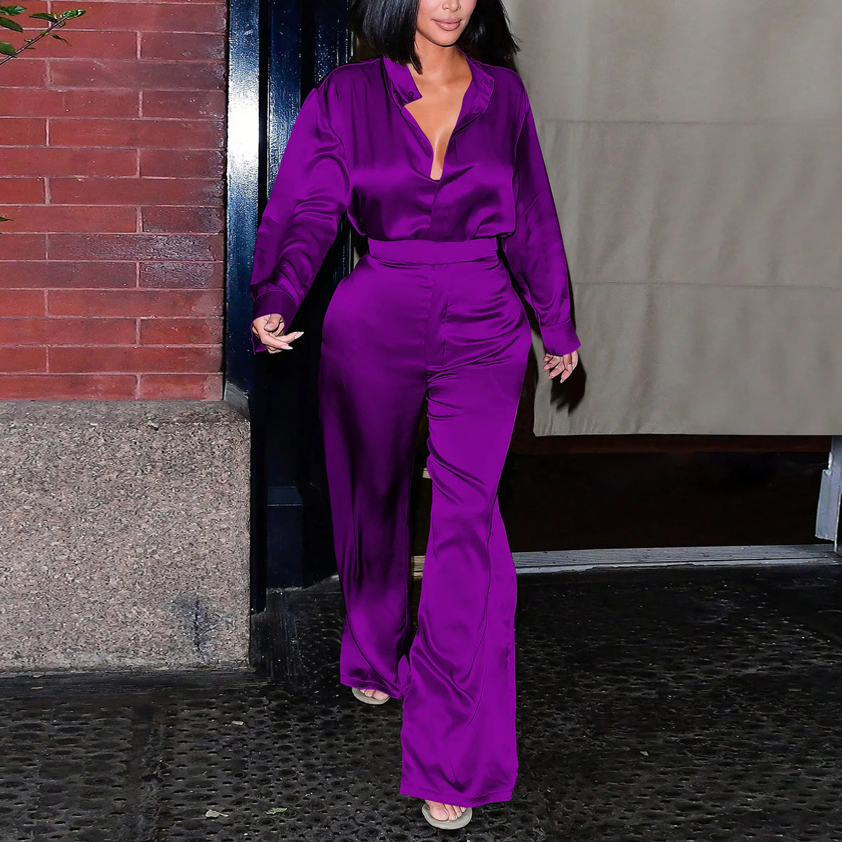 Satin Women's Long Sleeve Blouse and Wide Leg Pant 2 Piece Set