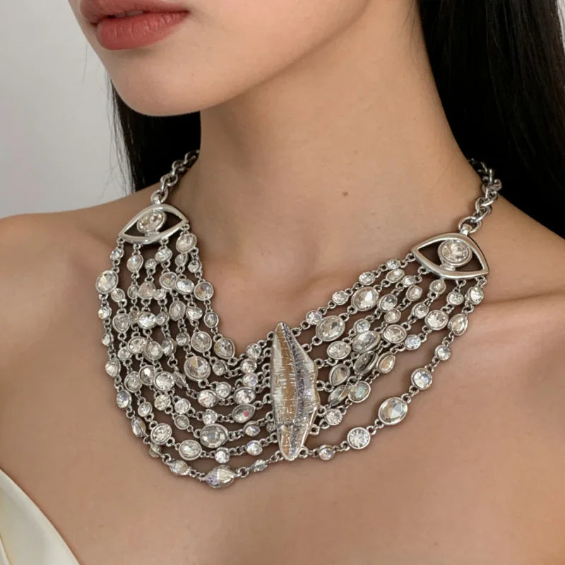 Vintage Multi-Layer Rhinestone Luxury Lip Eye Pendant Choker Necklace