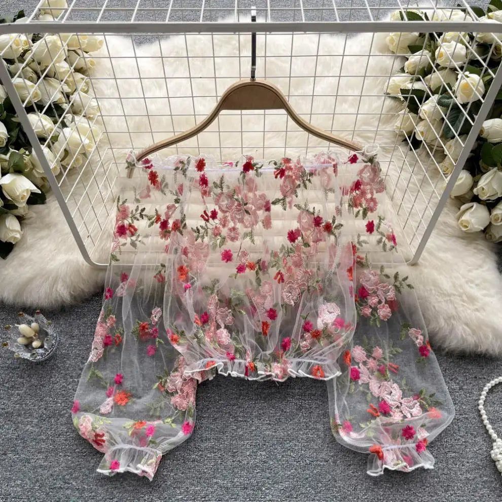 Elegant chiffon one-shoulder lace blouse with mesh embroidery, loose puffed sleeves, smock, long sleeves