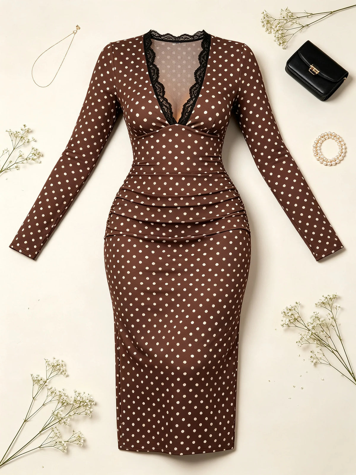 Women's V-neck Lace Border Polka Dot Printed Long Sleeve Mid-Length Dress