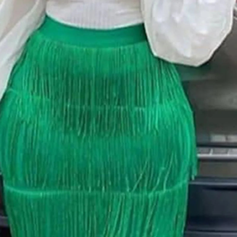 Women's Fringe Bodycon Tassel High Waist Stretch Midi Pencil Skirt
