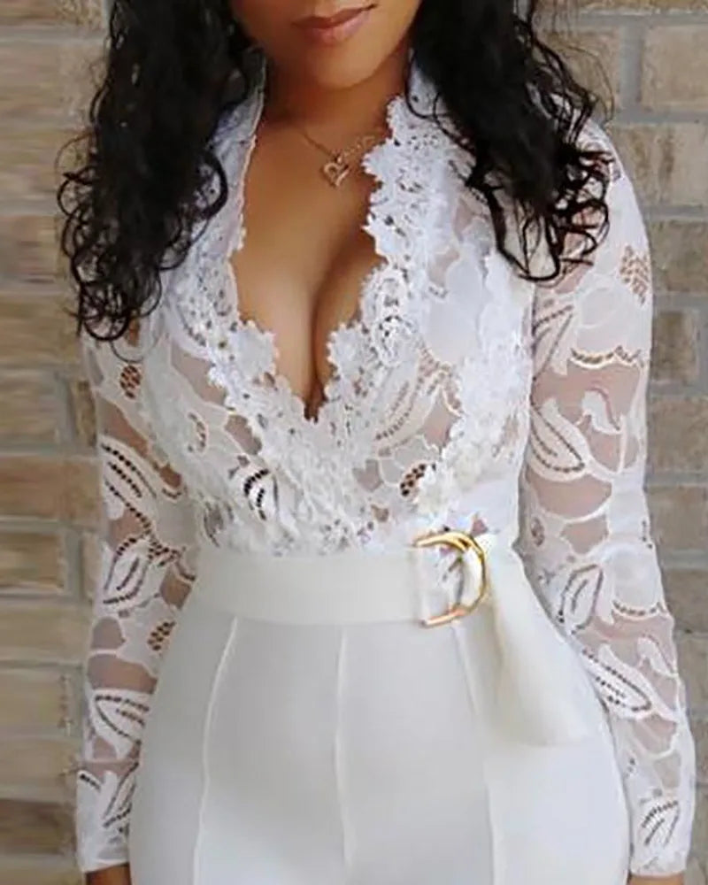 Women White Lace Stitching Long Sleeve V-neck Wide Leg Pants With Belt Romper