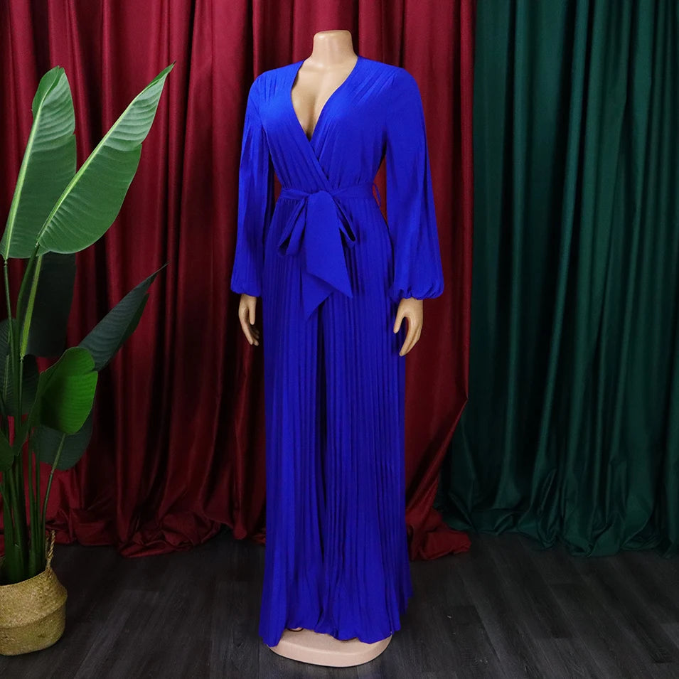 Elegant Pleated Full Sleeve V Neck High Waisted Jumpsuit