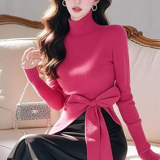 Women's French Style High Neck Irregular Knit Sweater w/ Bow Detail