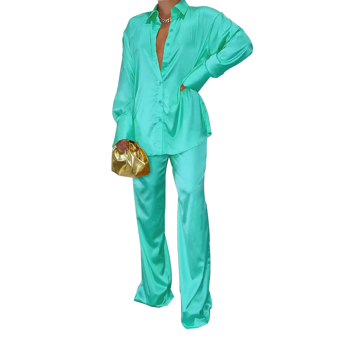 Elegant Satin Women's Long Sleeve Tracksuit And Wide Leg Pants