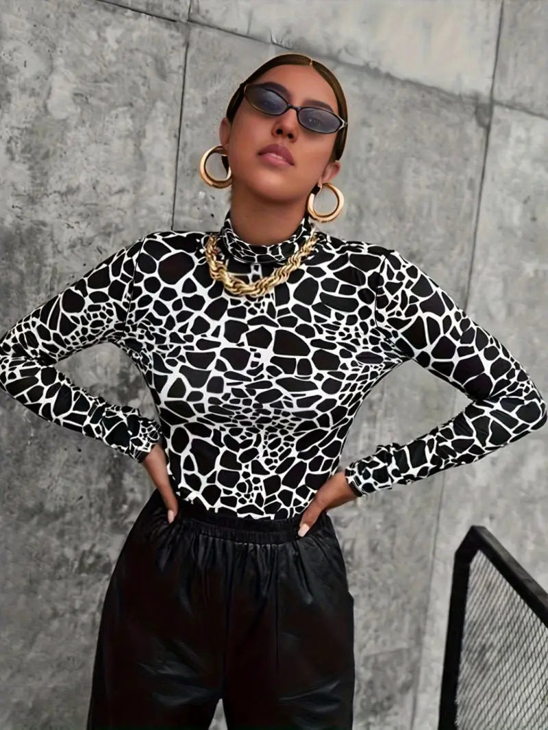 Women's Slim Fit High Neck Long Sleeve Fashionable Slimming Top