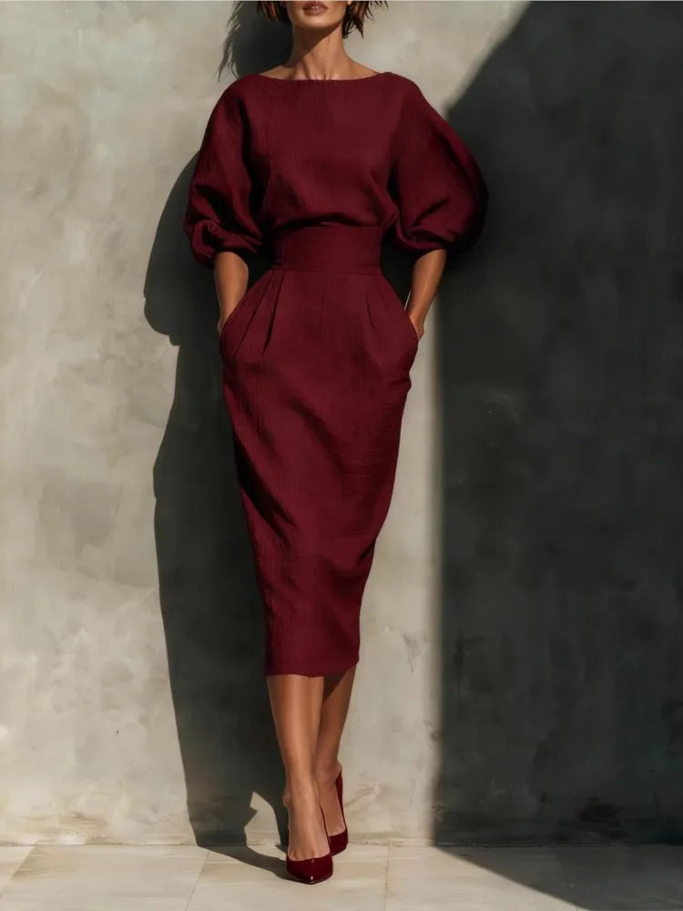 Women O-neck Lantern Sleeve Pocket Midi High Waist Pleated Wrap Hip Dress