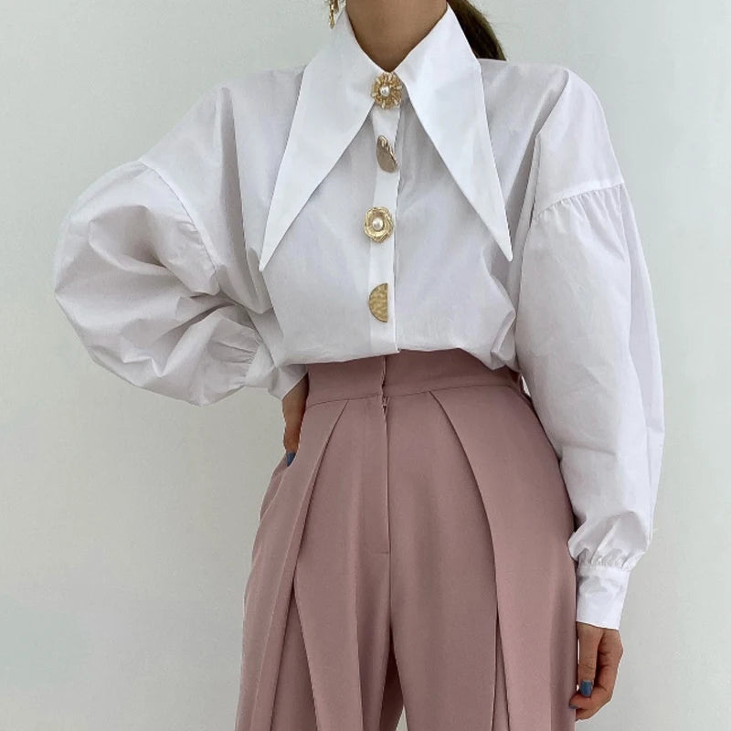 Women's Long Sleeve Pointed Collar Designer Button Down Blouse