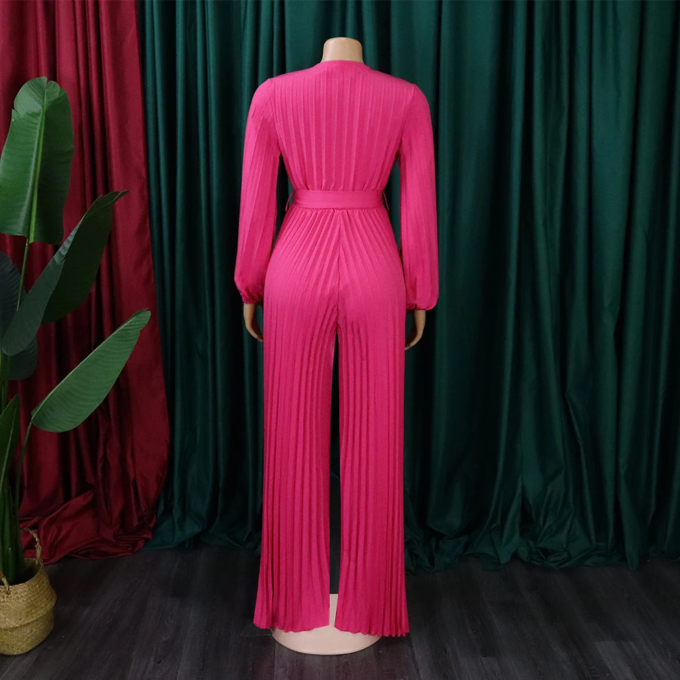Elegant Pleated Full Sleeve V Neck High Waisted Jumpsuit