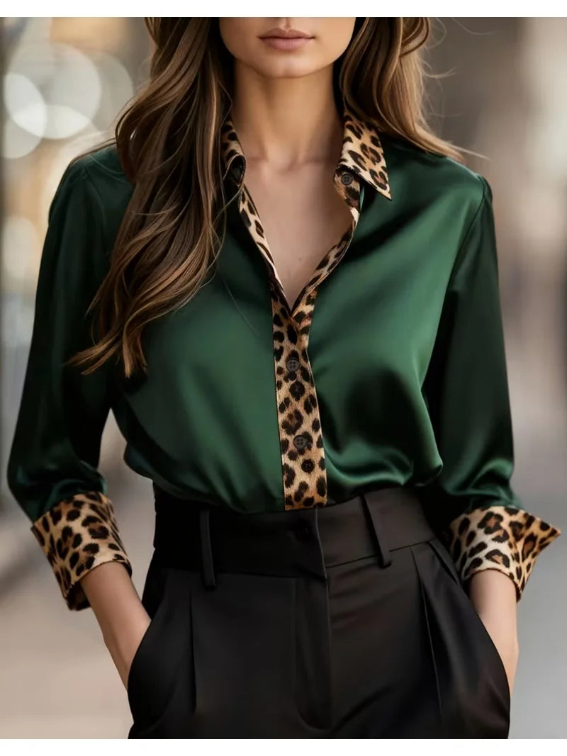 Elegant Long Sleeve Button Down Leopard Print Collar Loose Fit Blouse 