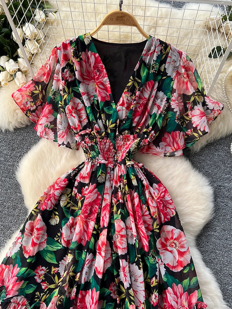 French Style Floral Retro V-neck Ruffle Sleeve High Waisted Chiffon Dress
