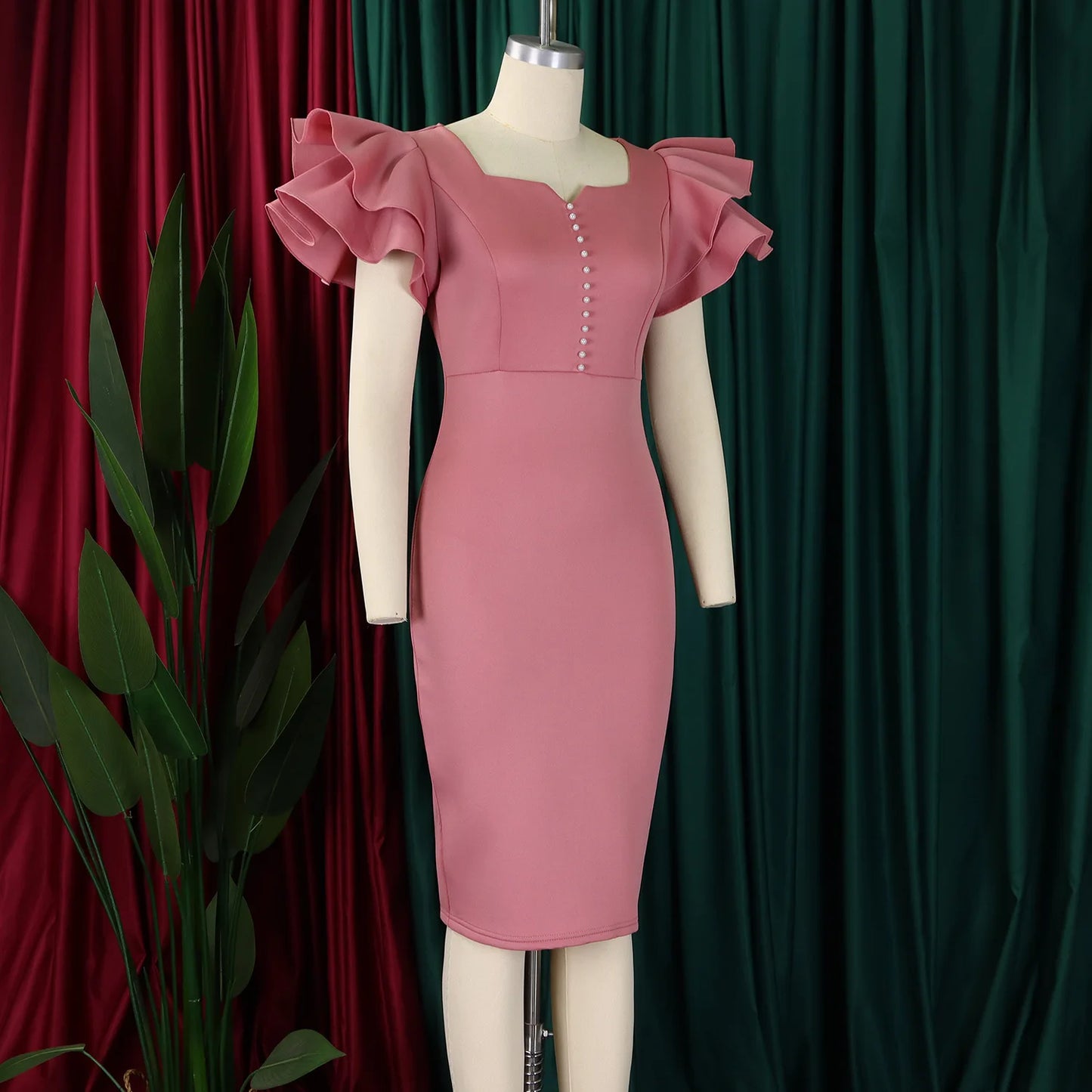 Designer Nail-Beaded Lotus Sleeve A-Line Dress