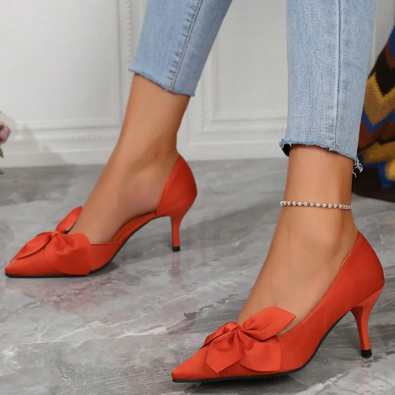 Women Sexy Pointy Shallow Mouth Toe with Bow Kitten Heel Shoes