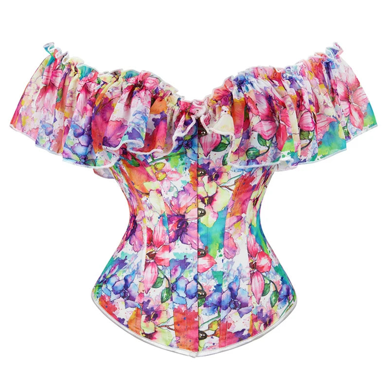 Woman Sexy Floral Ruffle Puff Sleeve Off Shoulder Corset