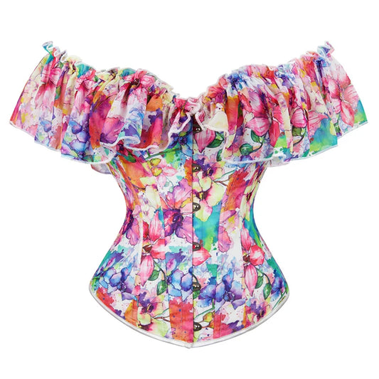 Woman Sexy Floral Ruffle Puff Sleeve Off Shoulder Corset