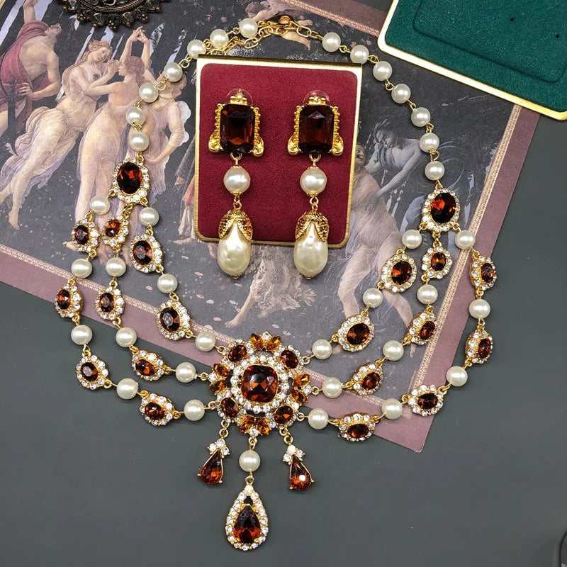 Classic Retro Vintage Rhinestone White Pearl Water Droplet Necklace Earring Set