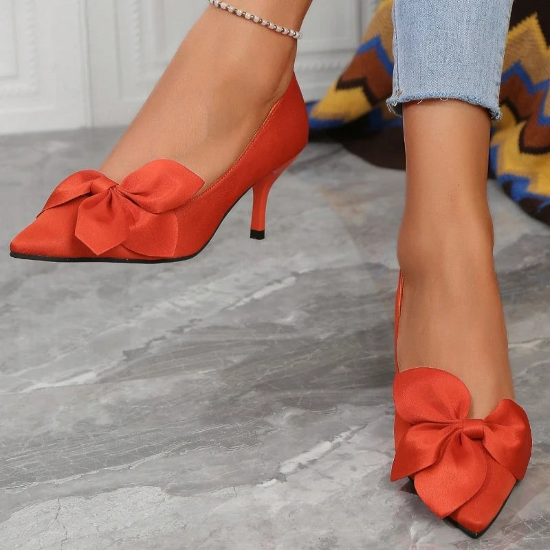 Women Sexy Pointy Shallow Mouth Toe with Bow Kitten Heel Shoes