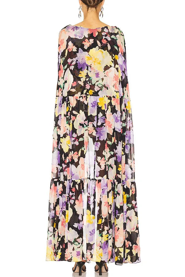 Flower Print Chiffon Big Hem Slim Mini Designer Dress