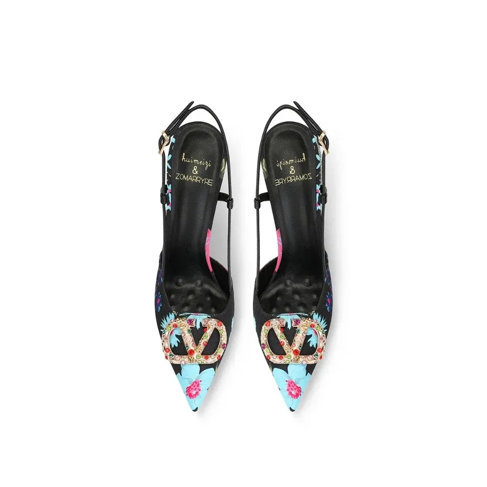 Elegant Floral Pointed Toe Jewel Buckle Stiletto Heels