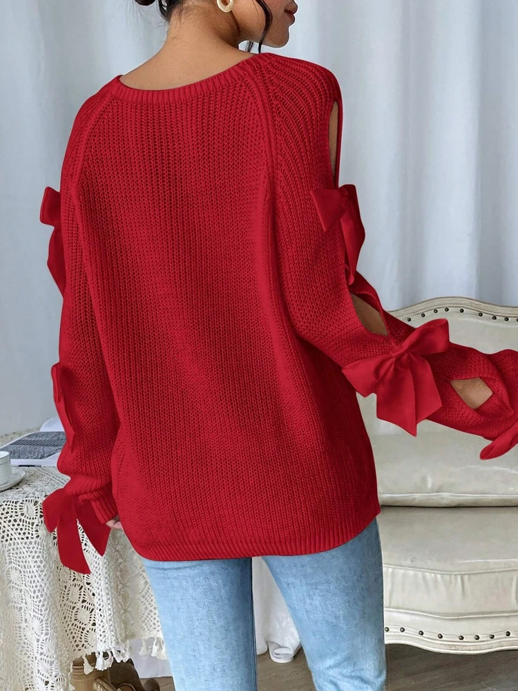 Women Designer Round Neck Long Sleeve Knitted Bow Tie Sweater
