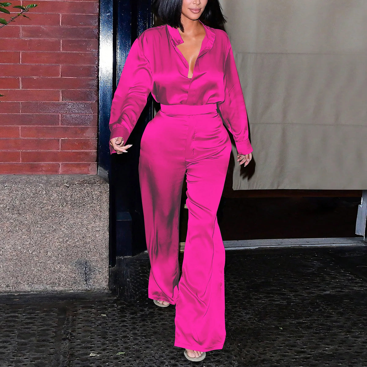 Satin Women's Long Sleeve Blouse and Wide Leg Pant 2 Piece Set