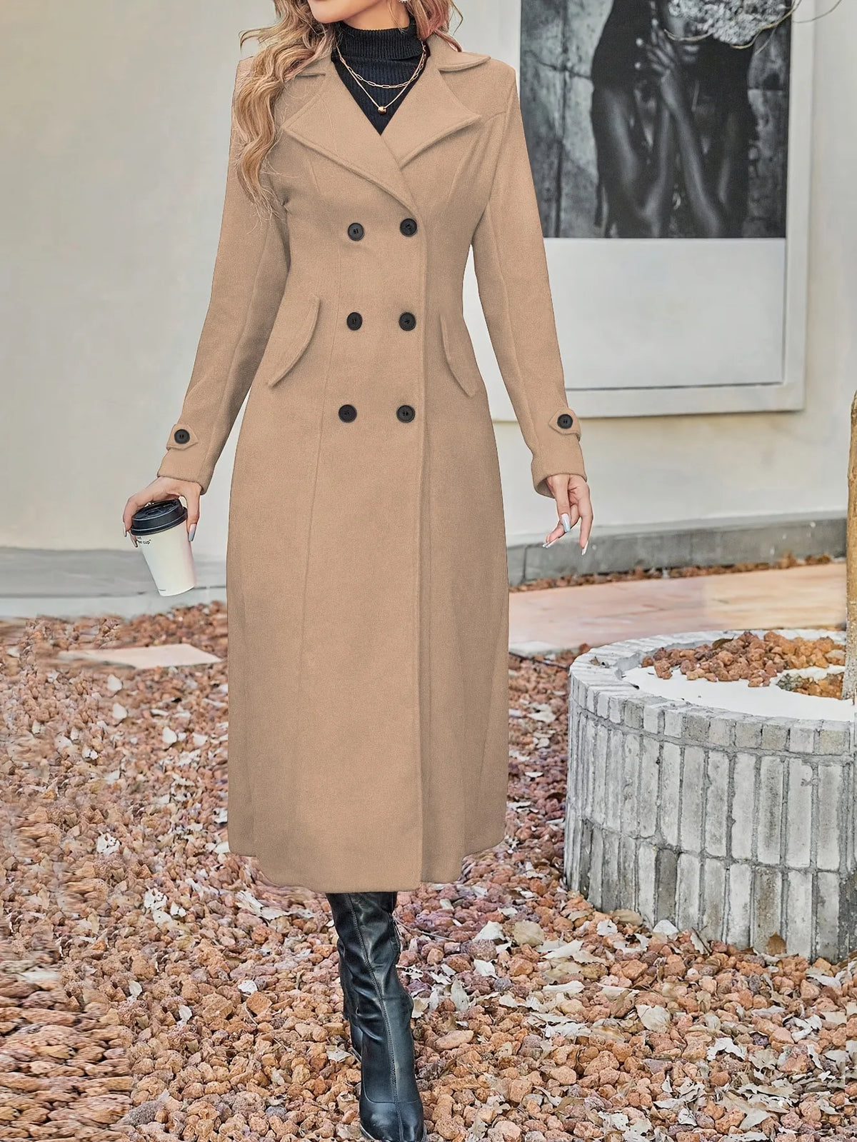 Women's Full Sleeve Double-Breasted Long Winter Coat w/ Pockets