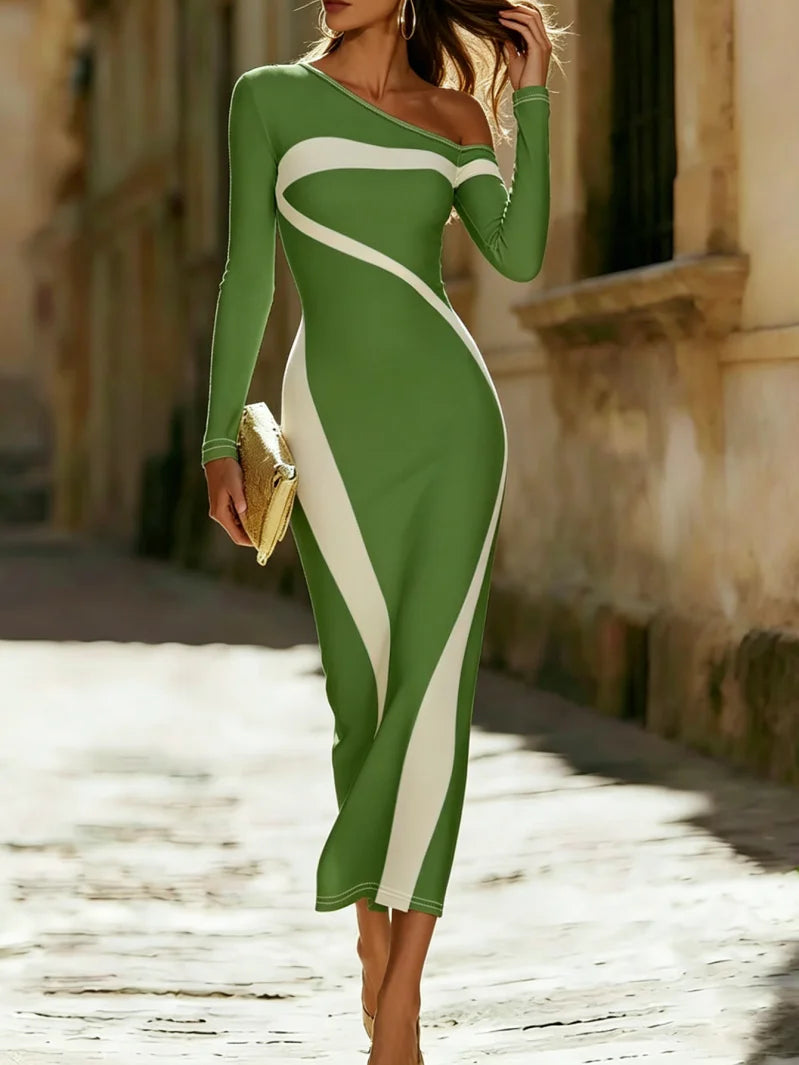 Women's Designer Irregular Shoulder Baring Waist Cinching Dress