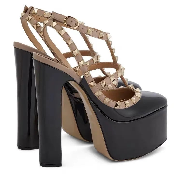 Women's Thick Soled Patent Leather Stage Runway High Heels with Rivets