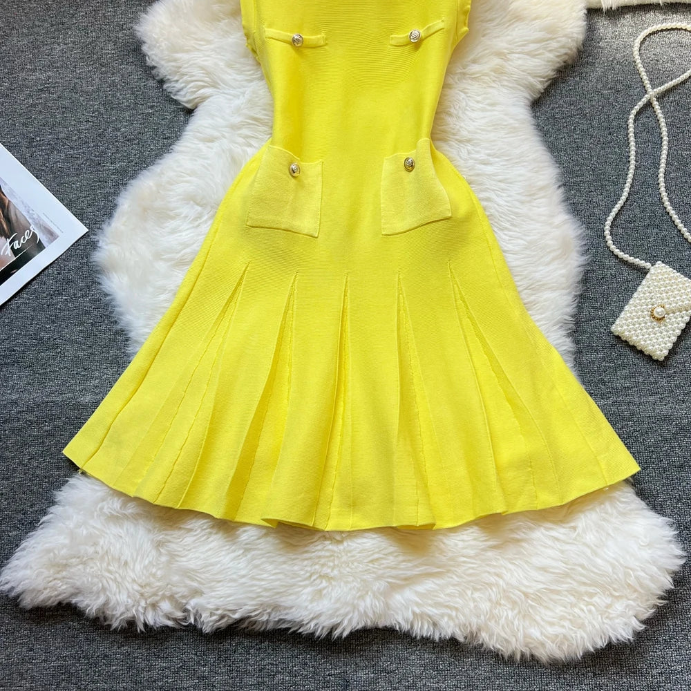 Pleated Scoop Neckline Slim Waist A-line Dress