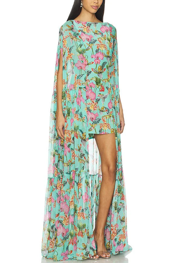Flower Print Chiffon Big Hem Slim Mini Designer Dress