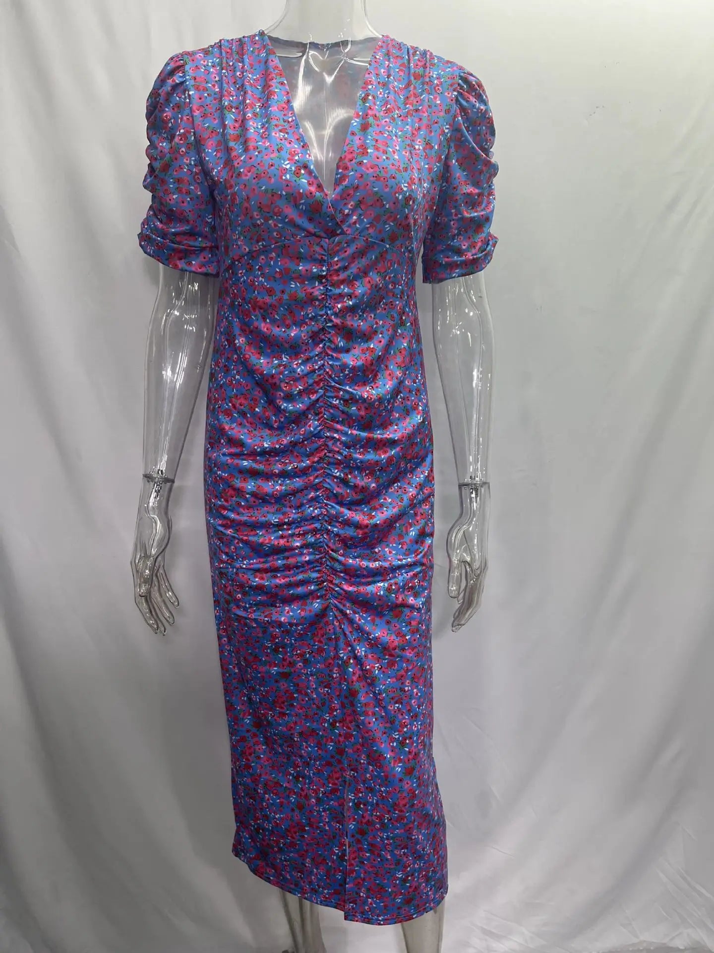 Sexy Summer Floral Print Deep V Neck Short Sleeve Bodycon Dress