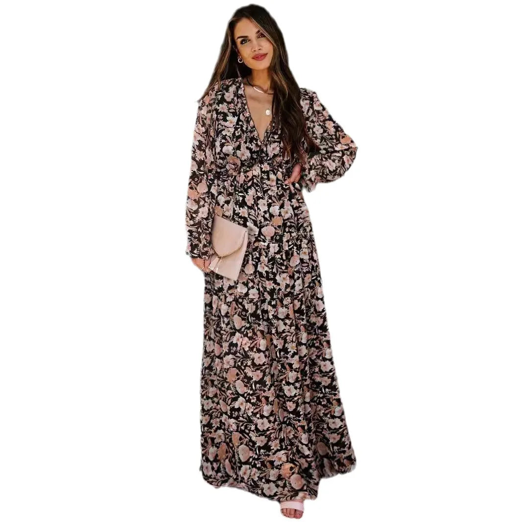 Elegant Floral Print Ruffle Layered Long Sleeved Chiffon A Line Long Maxi Dress