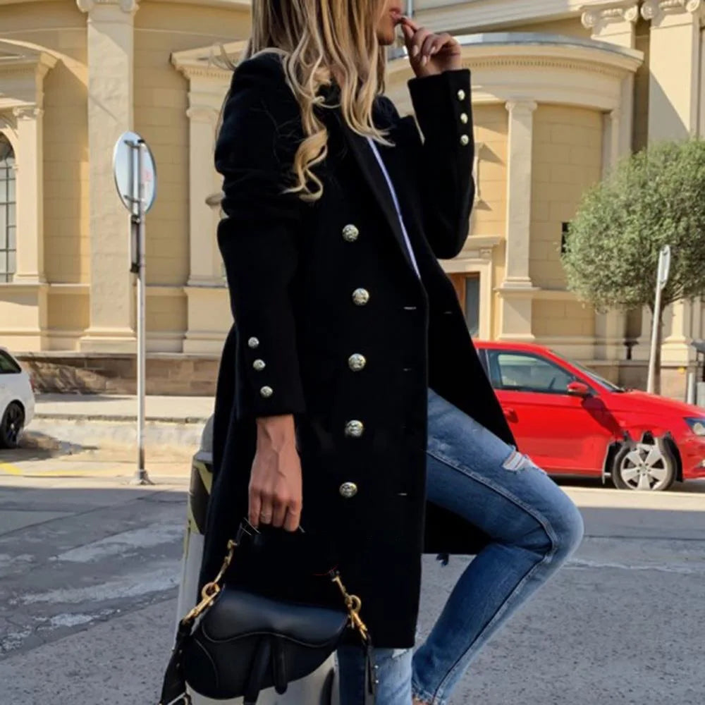 Women Solid Color Button Down Slim Sleeve Long Winter Coat