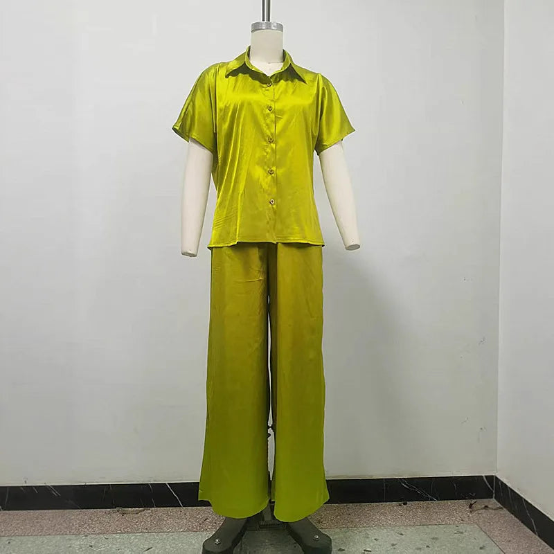 Women Two Piece Turn Down Collar Short Sleeve Shirt & Wide High Waist Leg Long Pants