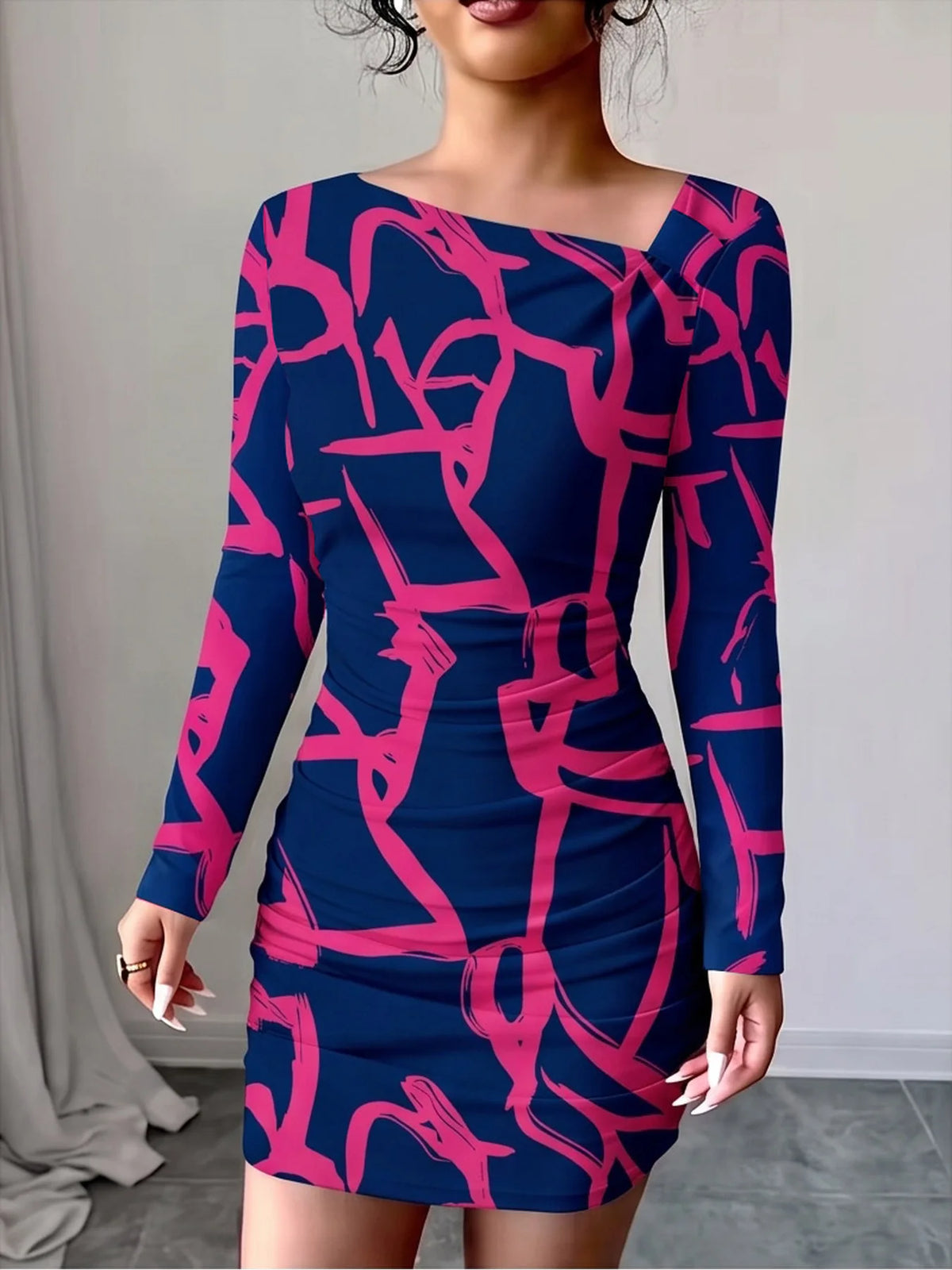 Women's Blue and Magneta Geometric Pattern Long Sleeve Slanted Collar BodyCon Dress