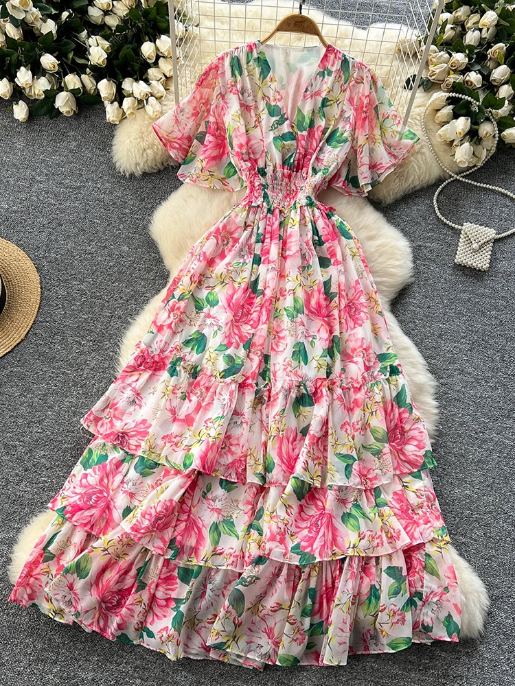 French Style Floral Retro V-neck Ruffle Sleeve High Waisted Chiffon Dress