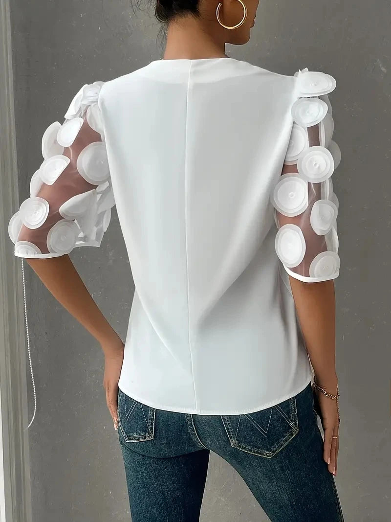 Sheer Sleeve V Neck Chiffon Blouse