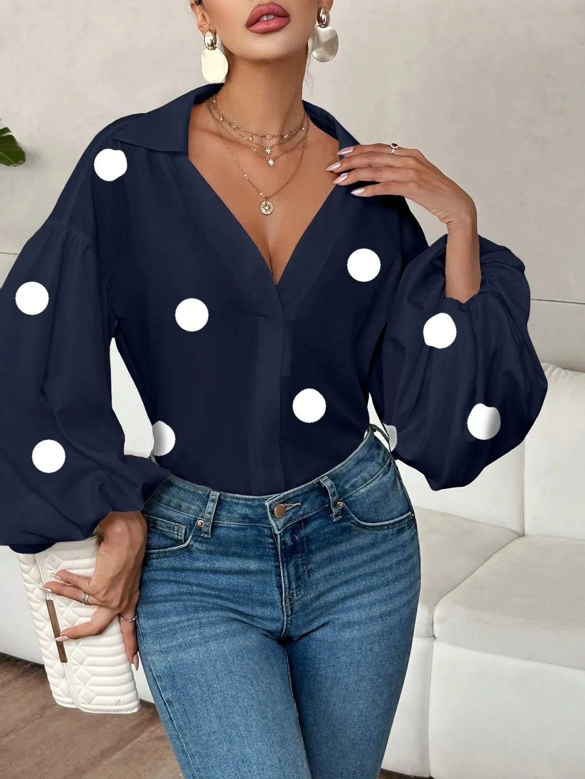French Polka Dot Print Long Sleeve Casual V-Neck Oversized Blouse