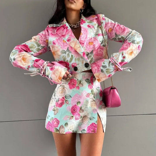 Floral Print Elegant Long Sleeve Lapel Button Crop Top Bodycon Mini Skirt Two Piece Set